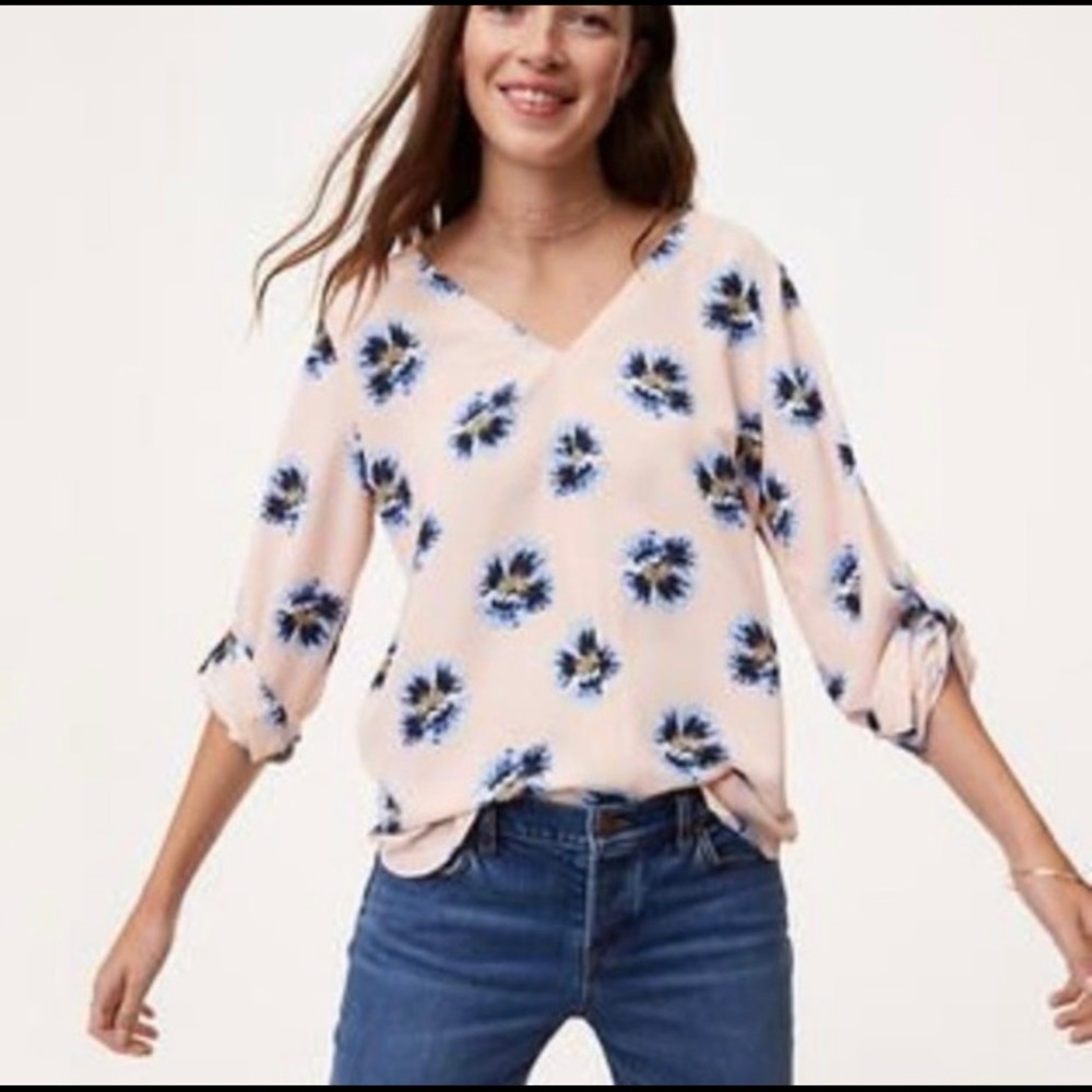 LOFT Pink Blouse with Blue Blossoms